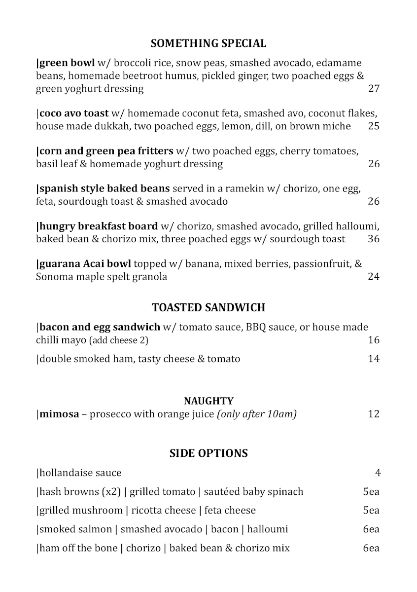 Menu, Cafe Mosman
