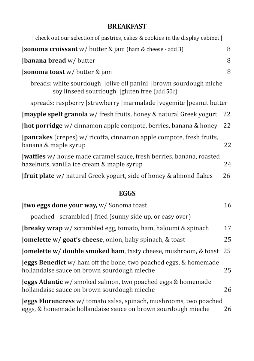 Menu, Cafe Mosman