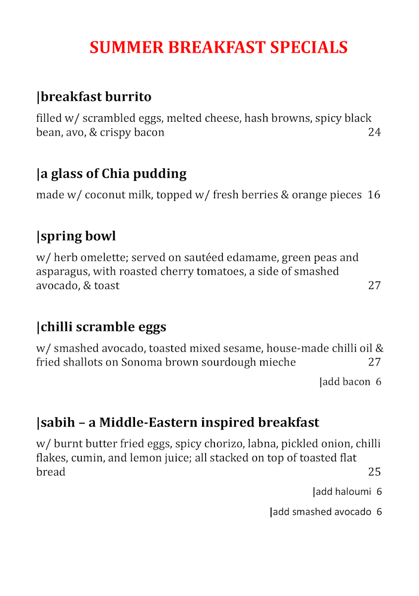Menu, Cafe Mosman