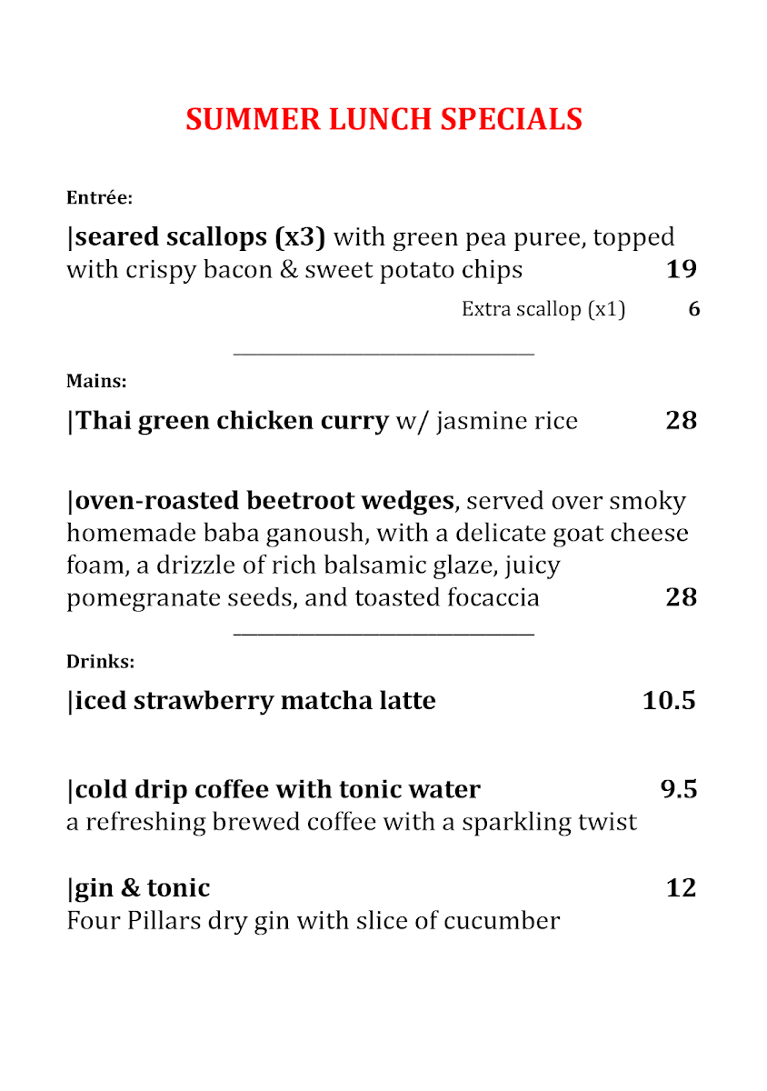 Menu, Cafe Mosman