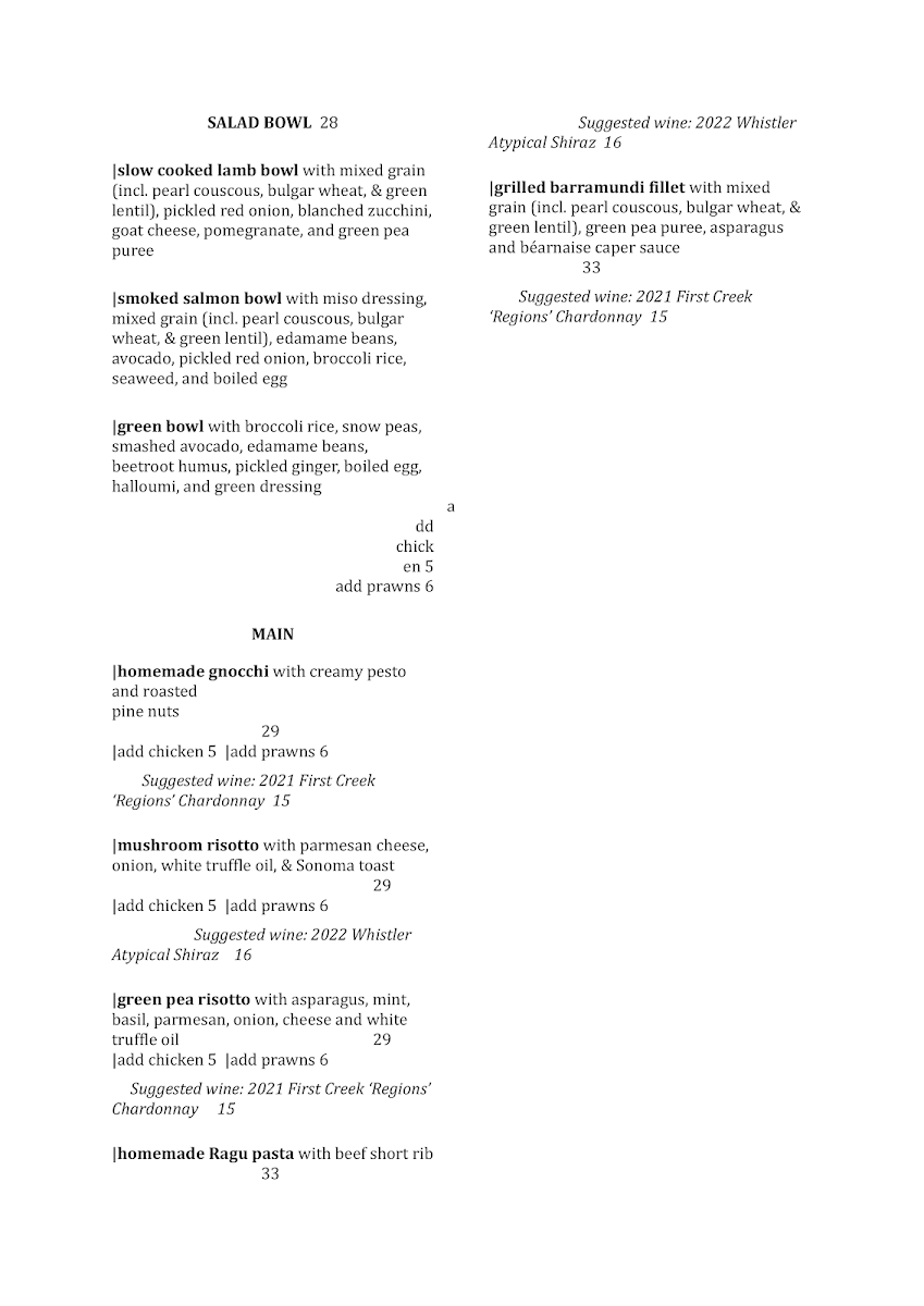 Menu, Cafe Mosman