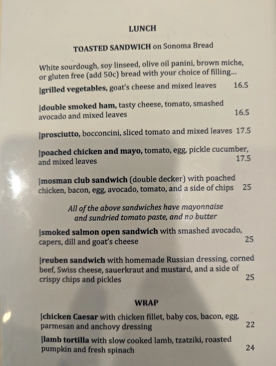 Menu, Cafe Mosman