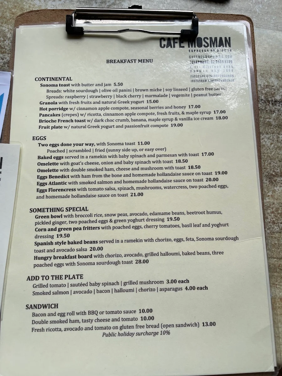 Menu, Cafe Mosman