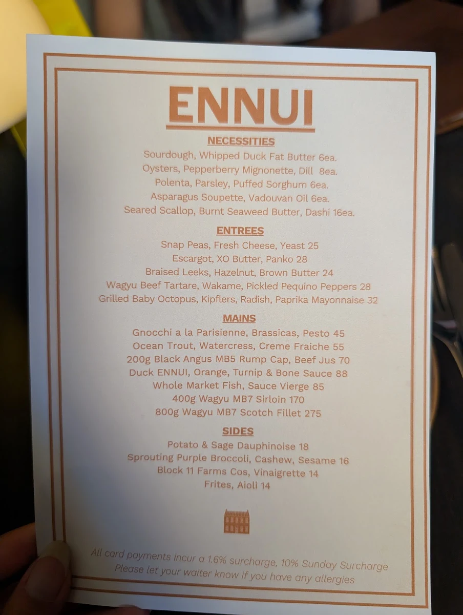 Menu, Ennui