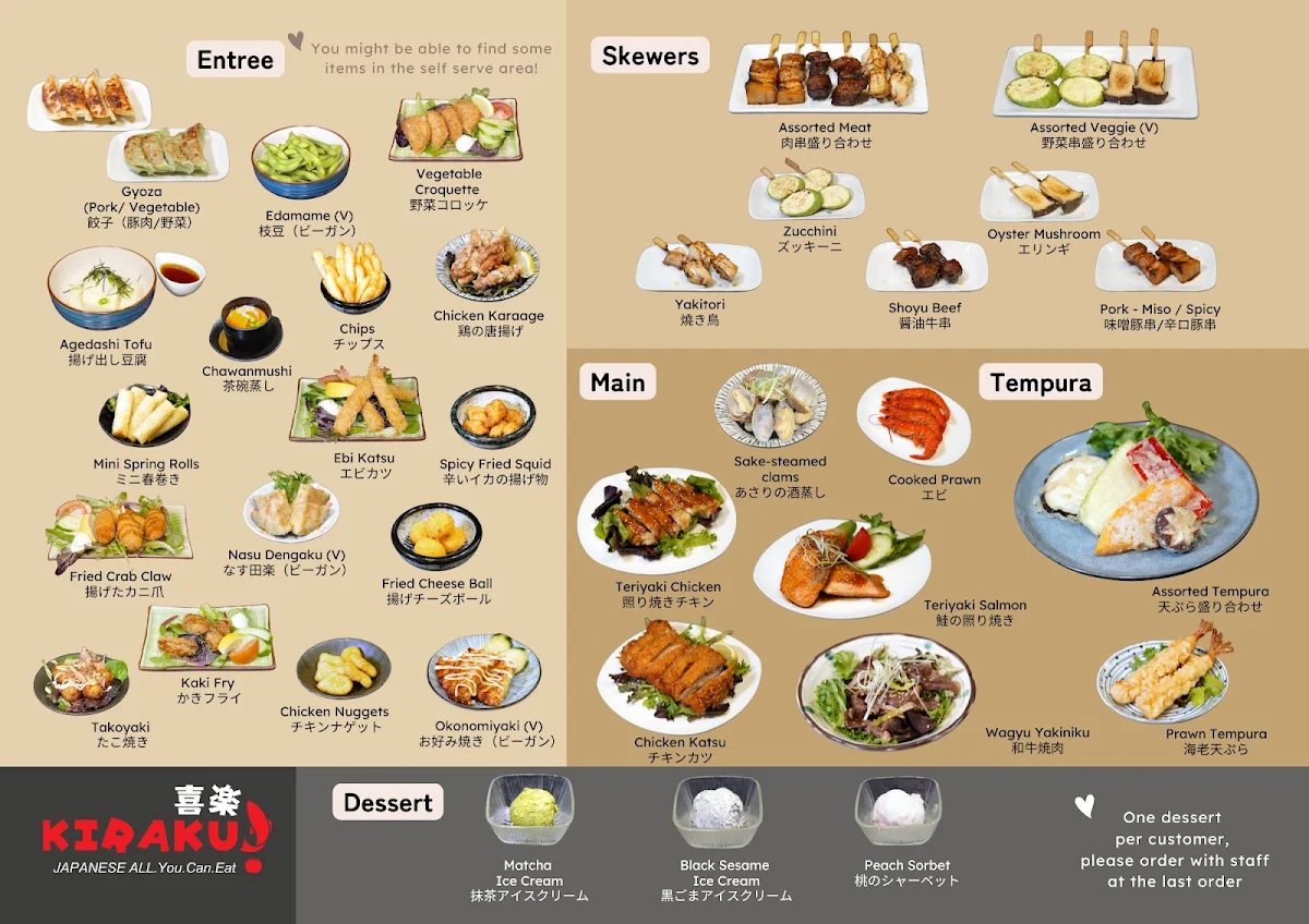 Menu, Kiraku Japanese All You Can Eat