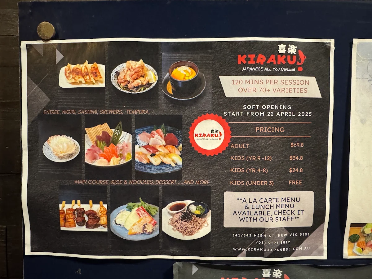 Menu, Kiraku Japanese All You Can Eat