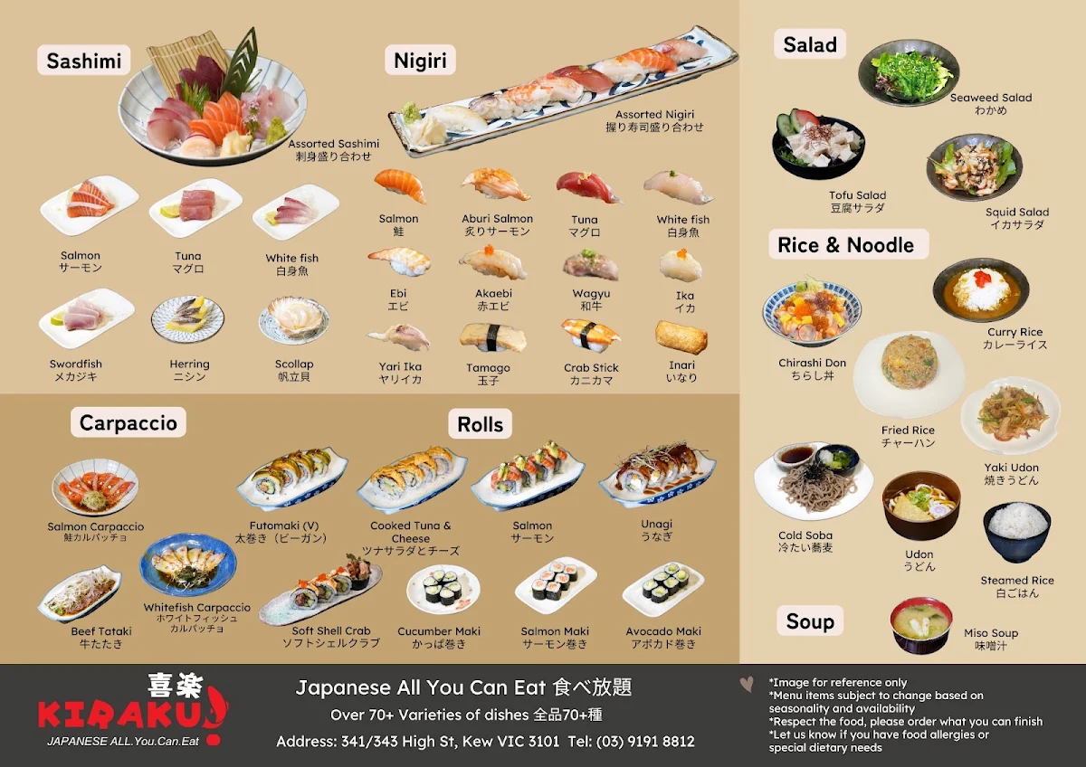 Menu, Kiraku Japanese All You Can Eat