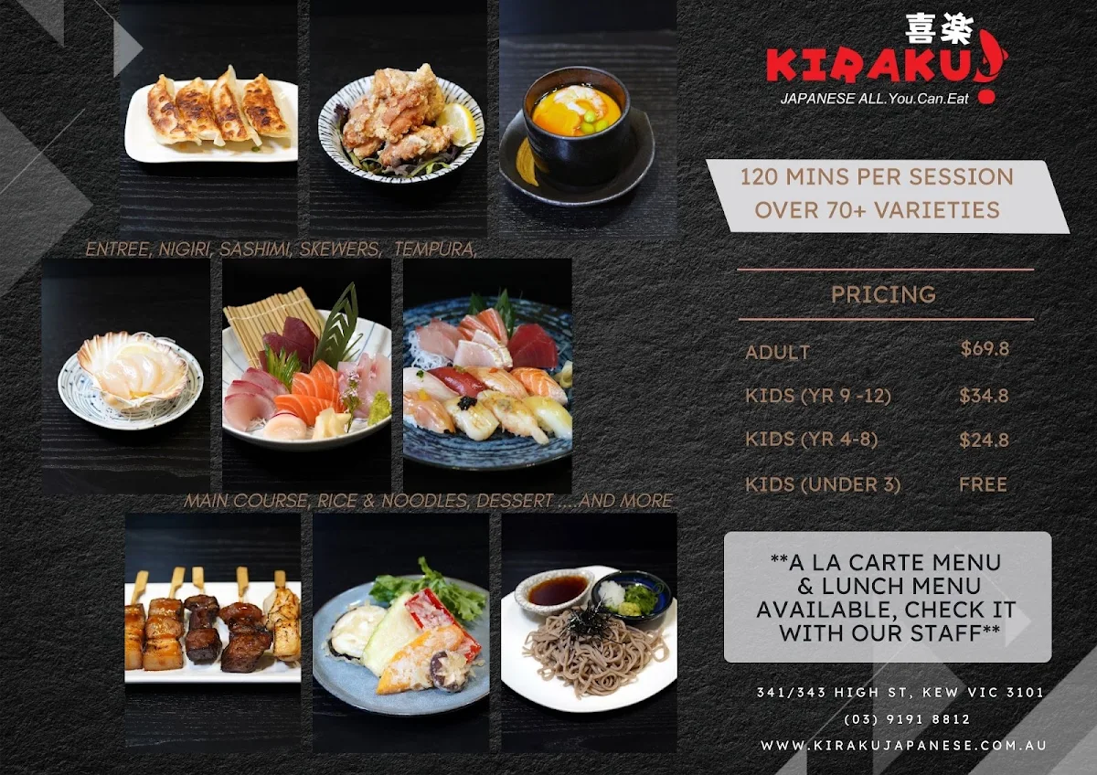 Menu, Kiraku Japanese All You Can Eat