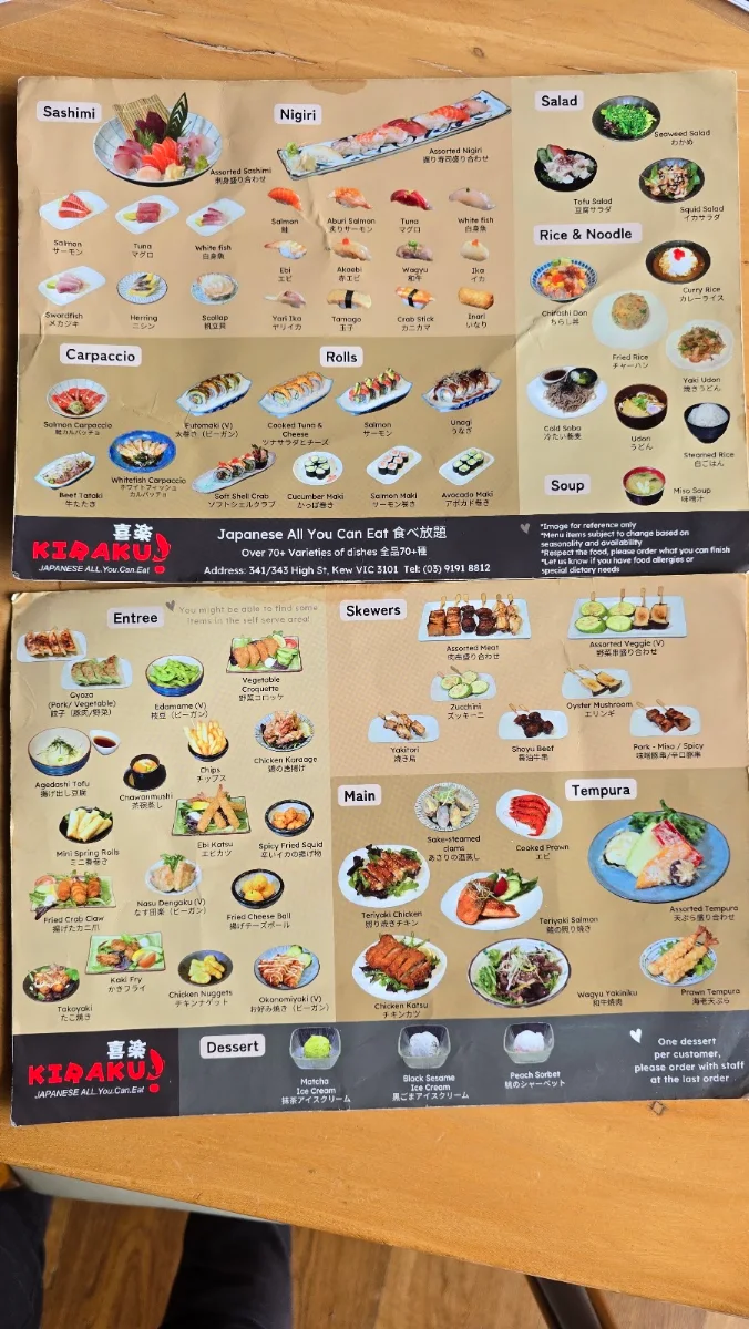 Menu, Kiraku Japanese All You Can Eat