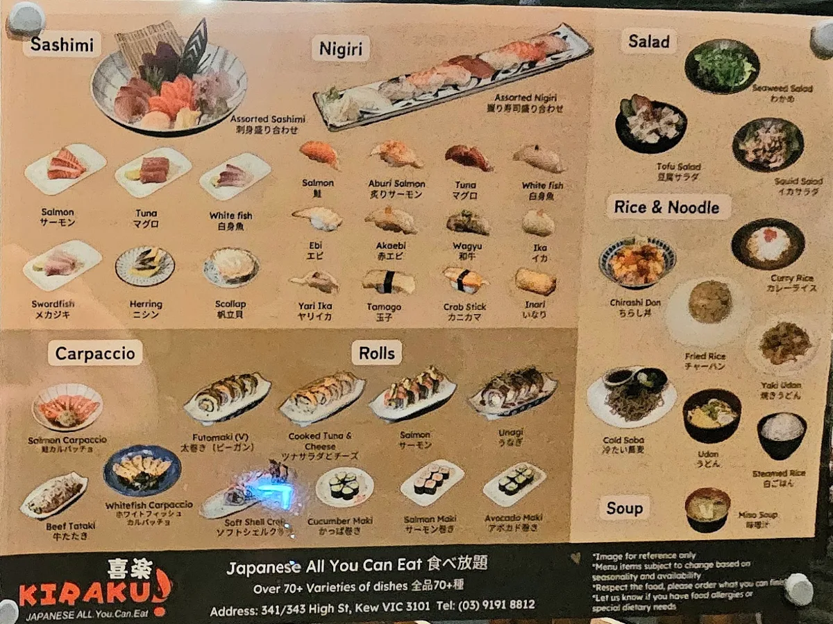 Menu, Kiraku Japanese All You Can Eat