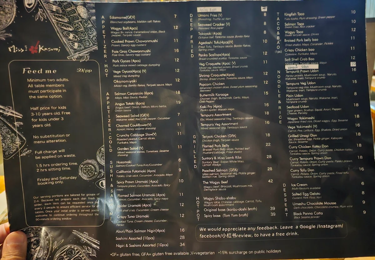 Menu, Kiraku Japanese All You Can Eat