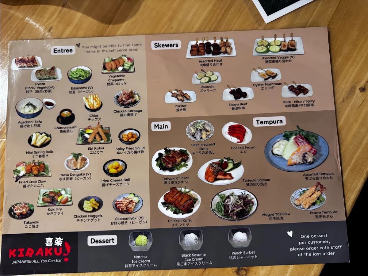 Menu, Kiraku Japanese All You Can Eat