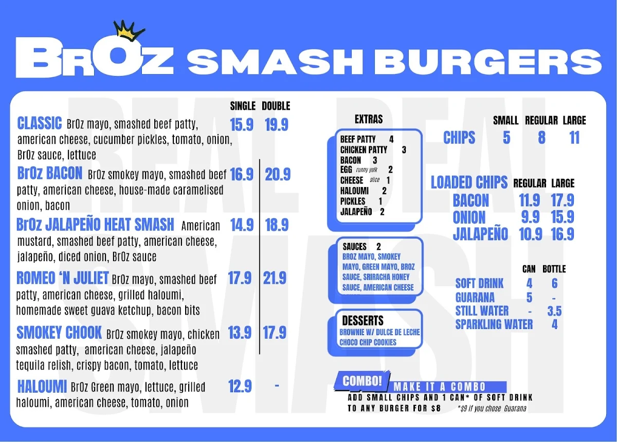 Menu, BrOz Burgers - Surry Hills
