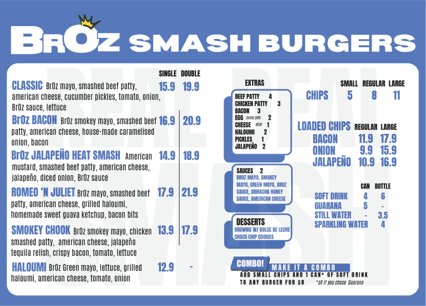 Menu, BrOz Burgers - Surry Hills