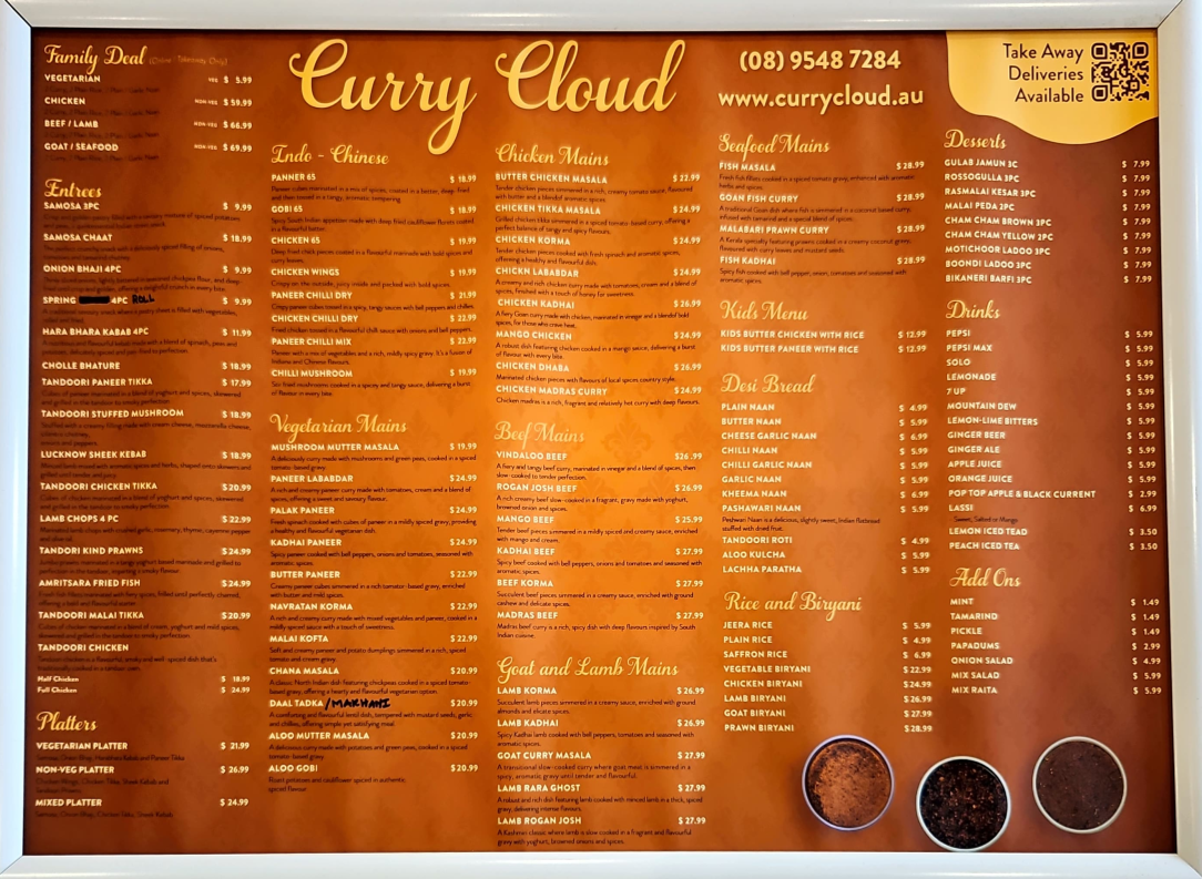 Menu, Curry Cloud Lakelands