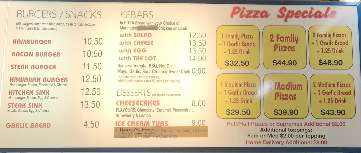 Menu, Kenwick Dial-A-Pizza