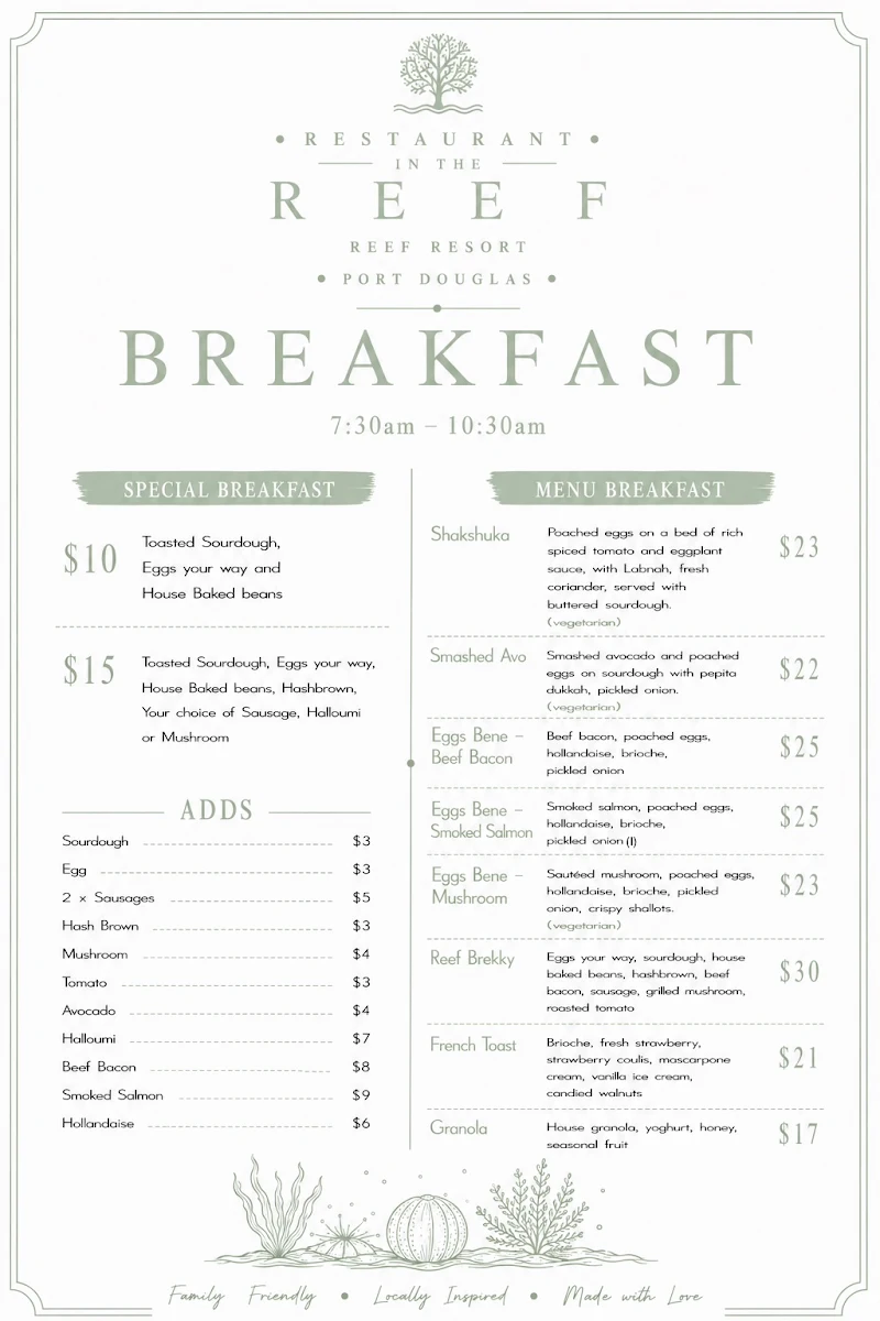 Menu, Restaurant in the reef