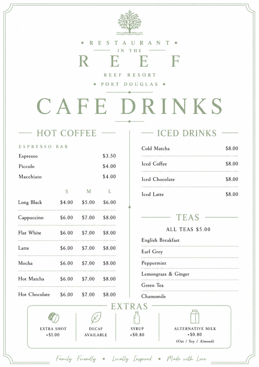 Menu, Restaurant in the reef
