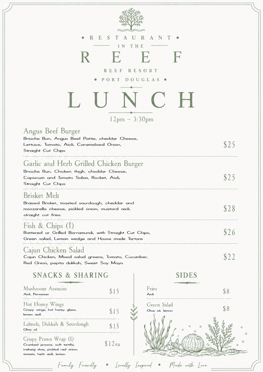 Menu, Restaurant in the reef