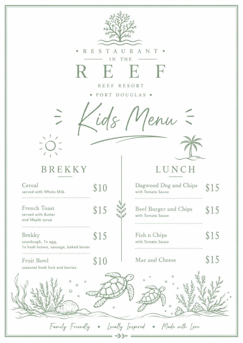 Menu, Restaurant in the reef