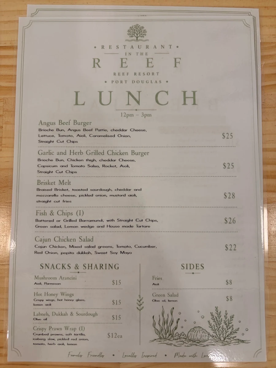 Menu, Restaurant in the reef