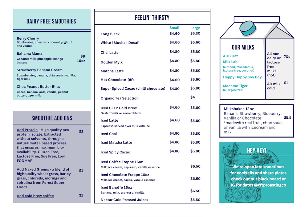 Menu, Coffee for the People Roasting Co. CAFE