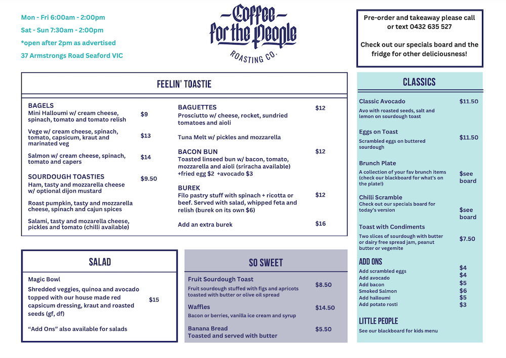 Menu, Coffee for the People Roasting Co. CAFE