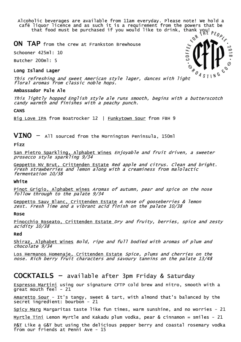 Menu, Coffee for the People Roasting Co. CAFE