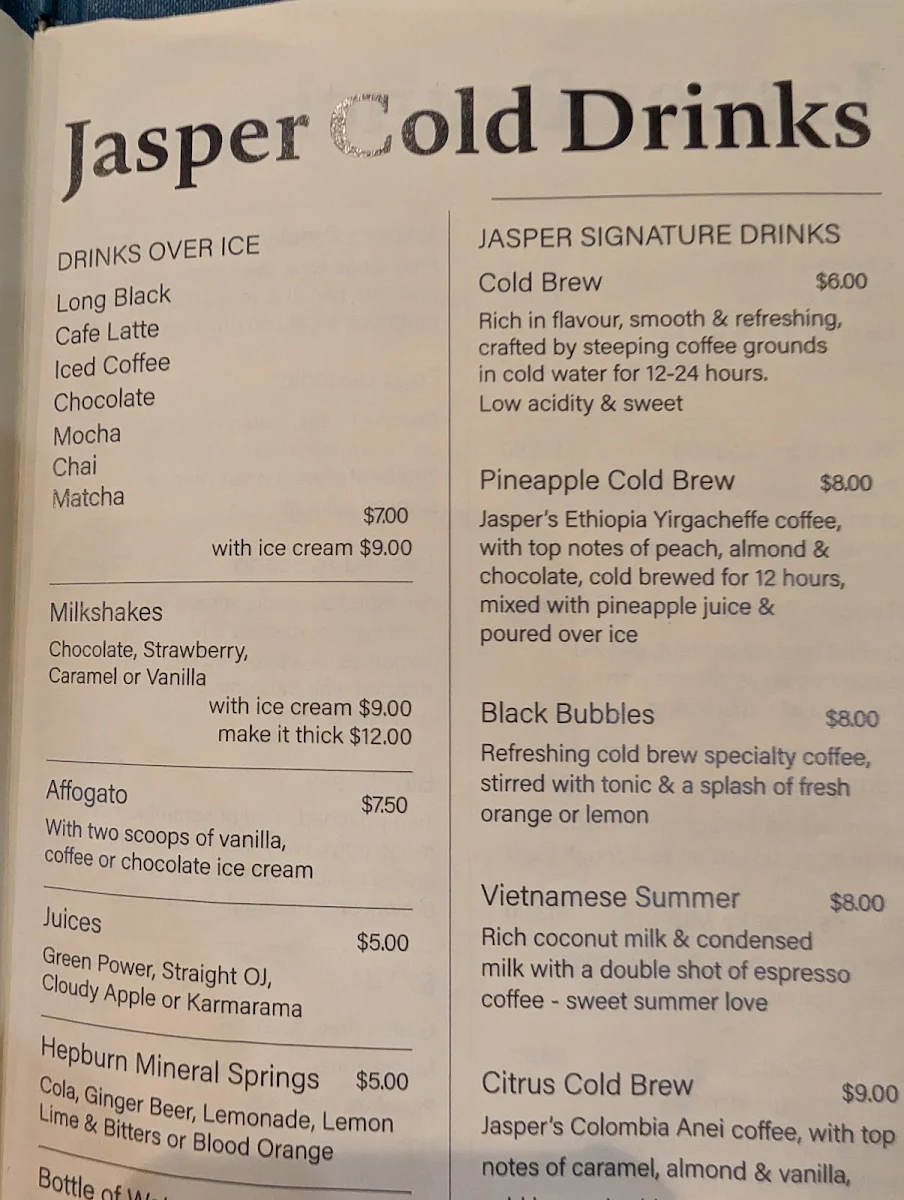 Menu, Jasper Coffee