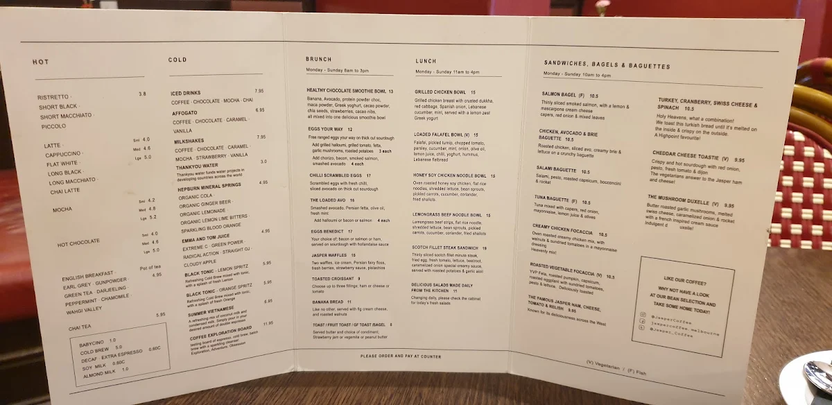 Menu, Jasper Coffee