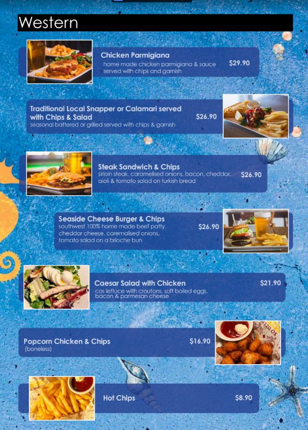 Menu, Seaside cafe & restaurant