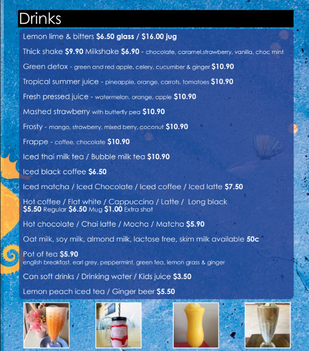 Menu, Seaside cafe & restaurant