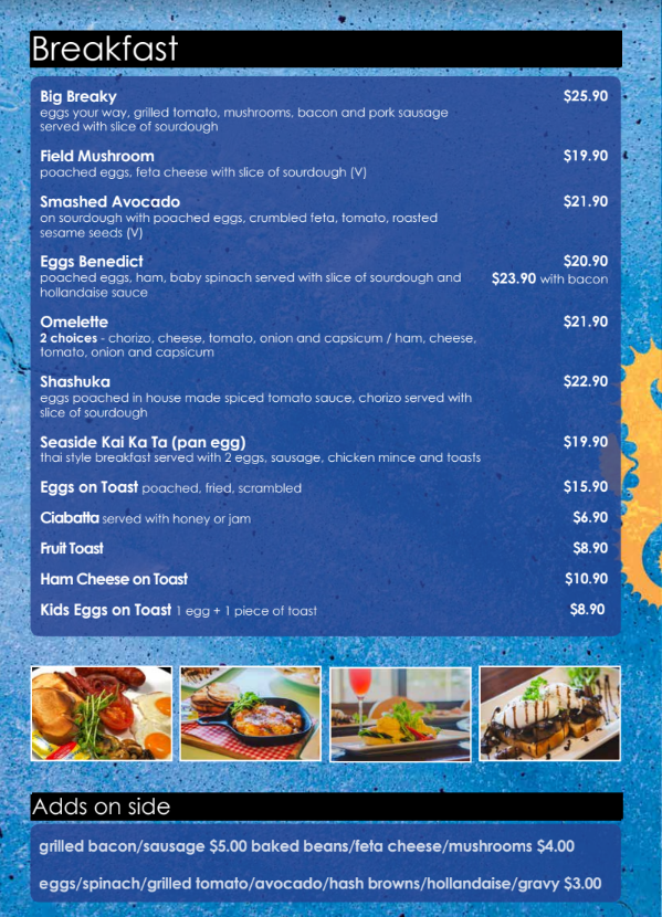 Menu, Seaside cafe & restaurant