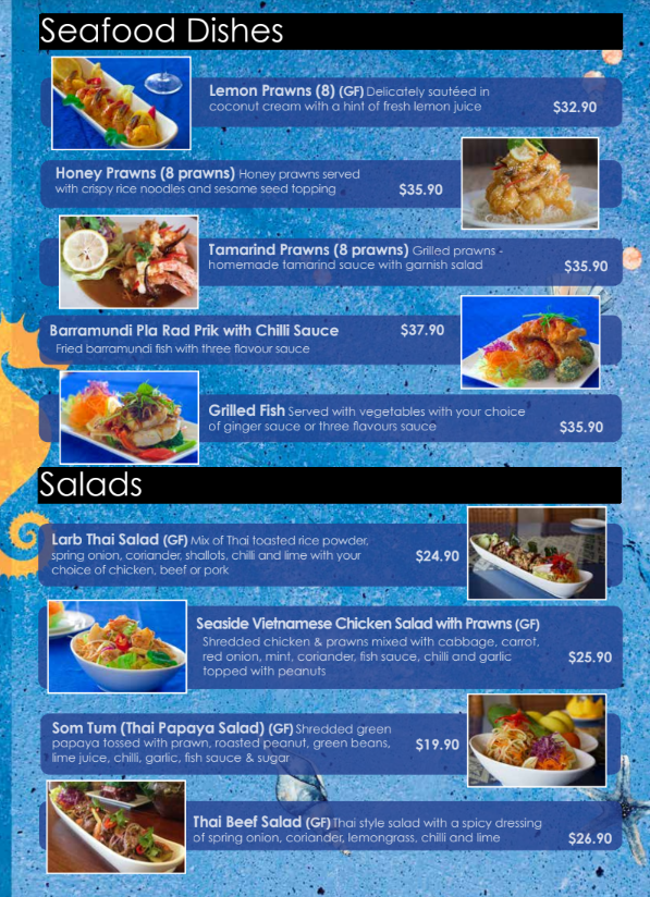Menu, Seaside cafe & restaurant