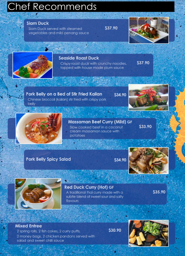 Menu, Seaside cafe & restaurant