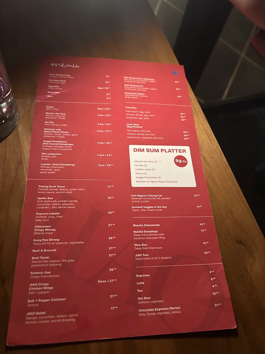 Menu, JIAO Dim Sum Bar