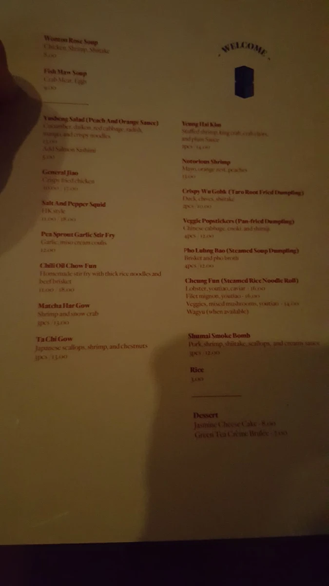 Menu, JIAO Dim Sum Bar