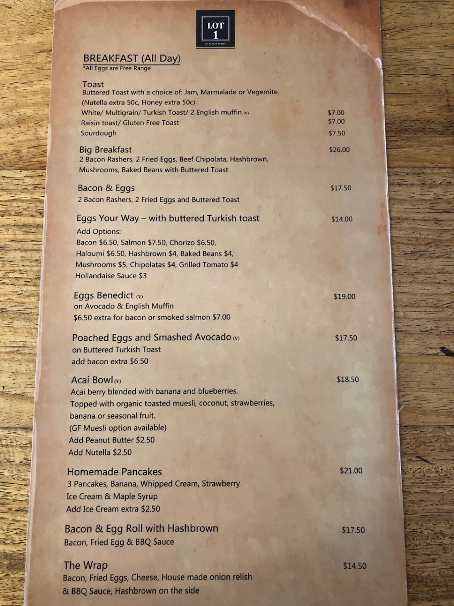 Menu, Lot 1 Coffee