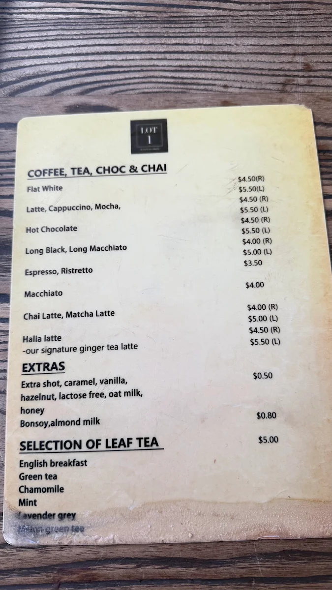 Menu, Lot 1 Coffee