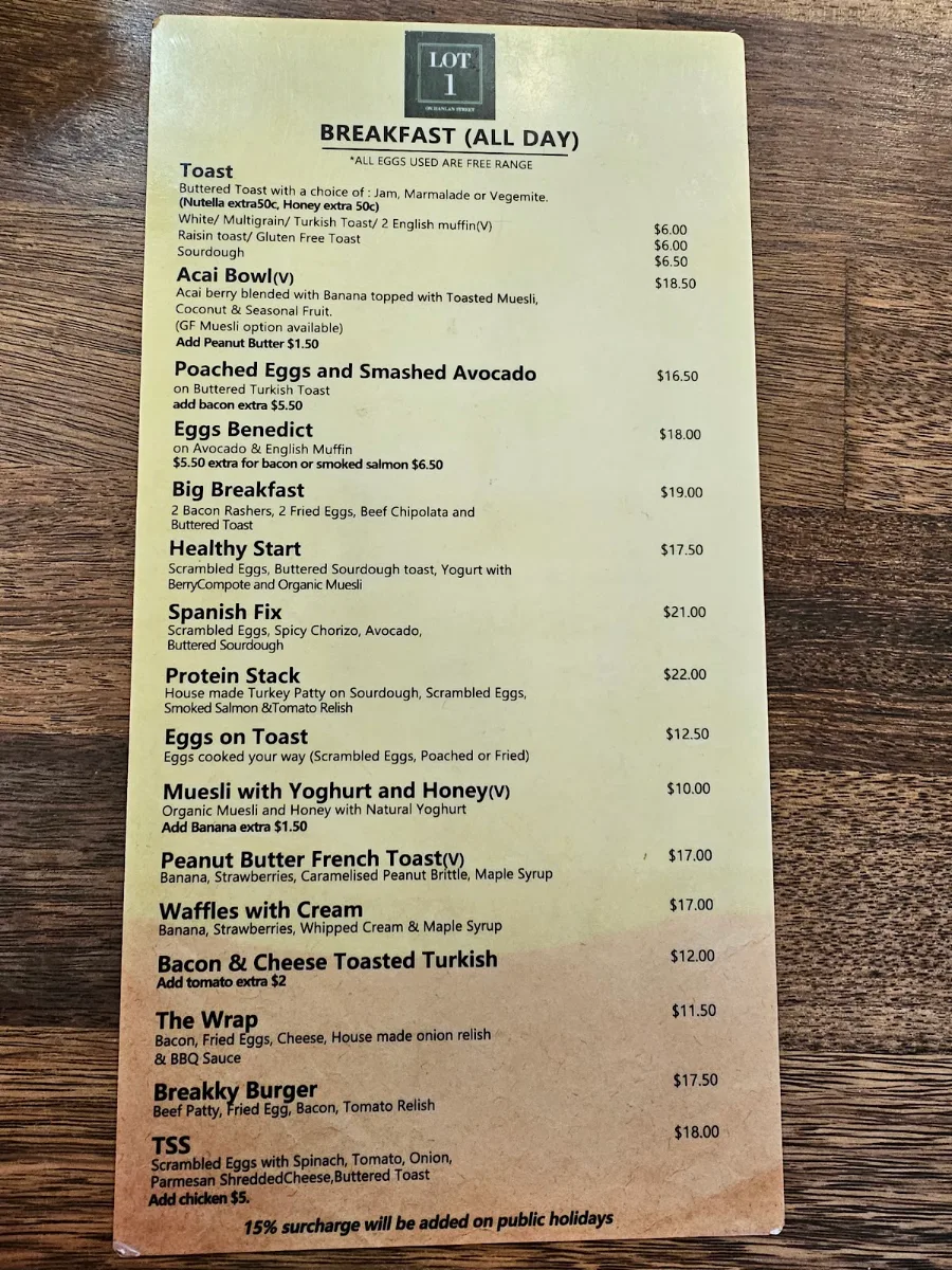 Menu, Lot 1 Coffee