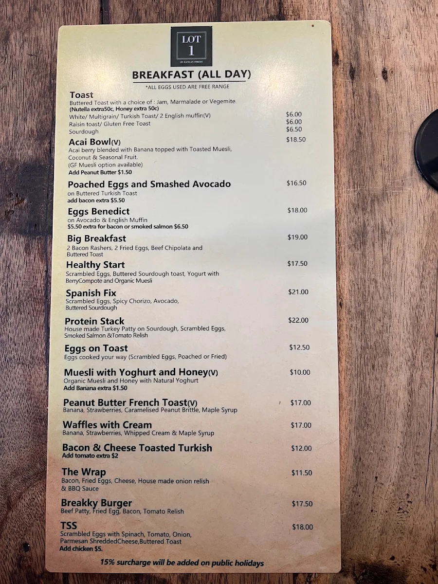 Menu, Lot 1 Coffee