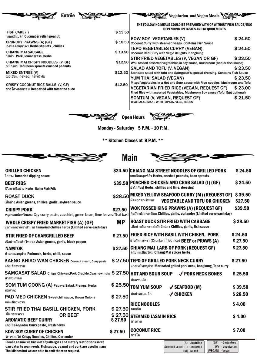Menu, Samgasat Thai Cuisine