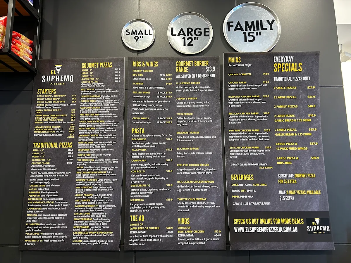 Menu, El Supremo's Pizzeria