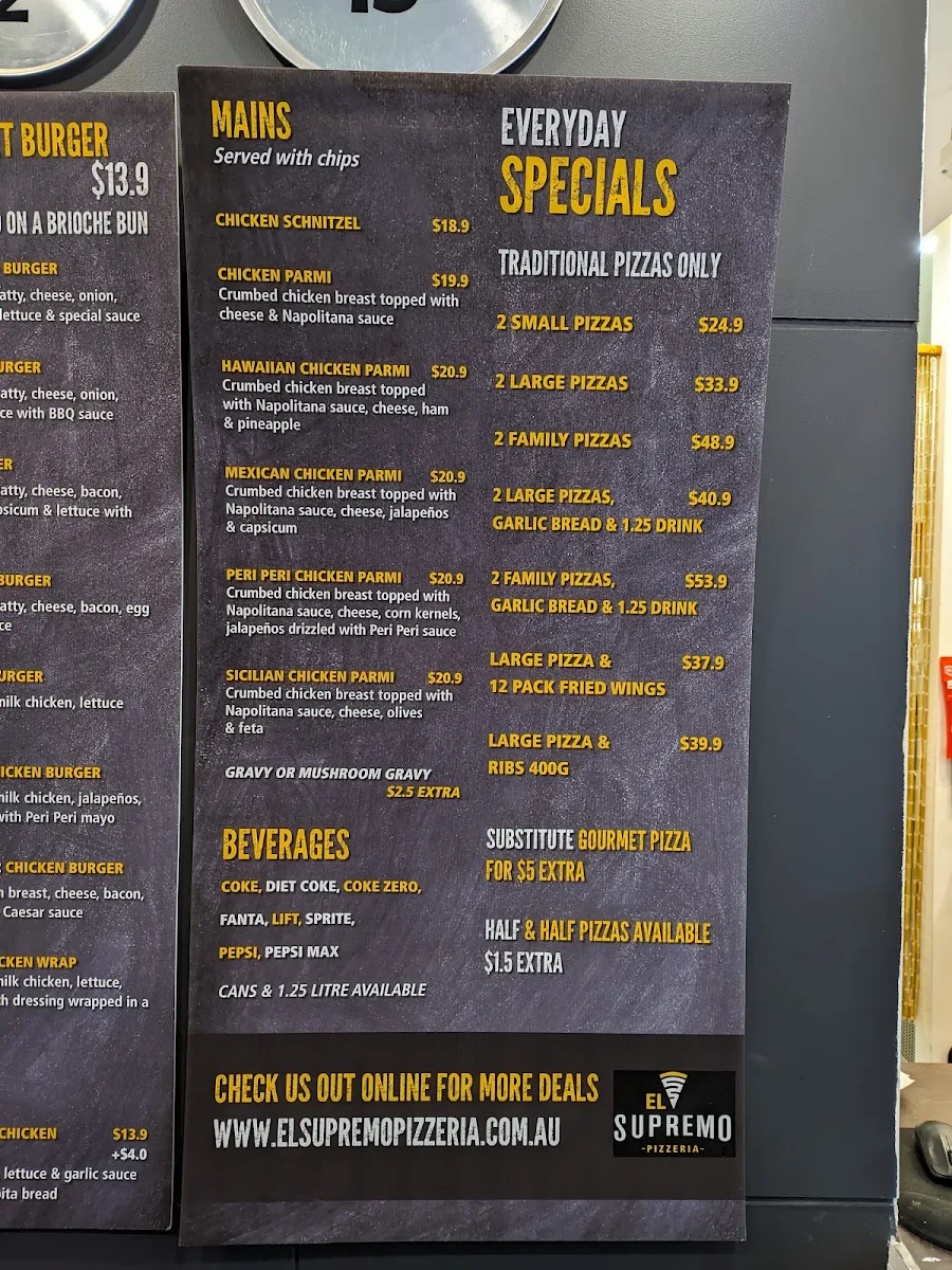 Menu, El Supremo's Pizzeria