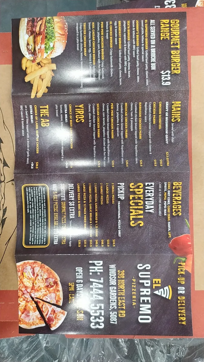 Menu, El Supremo's Pizzeria