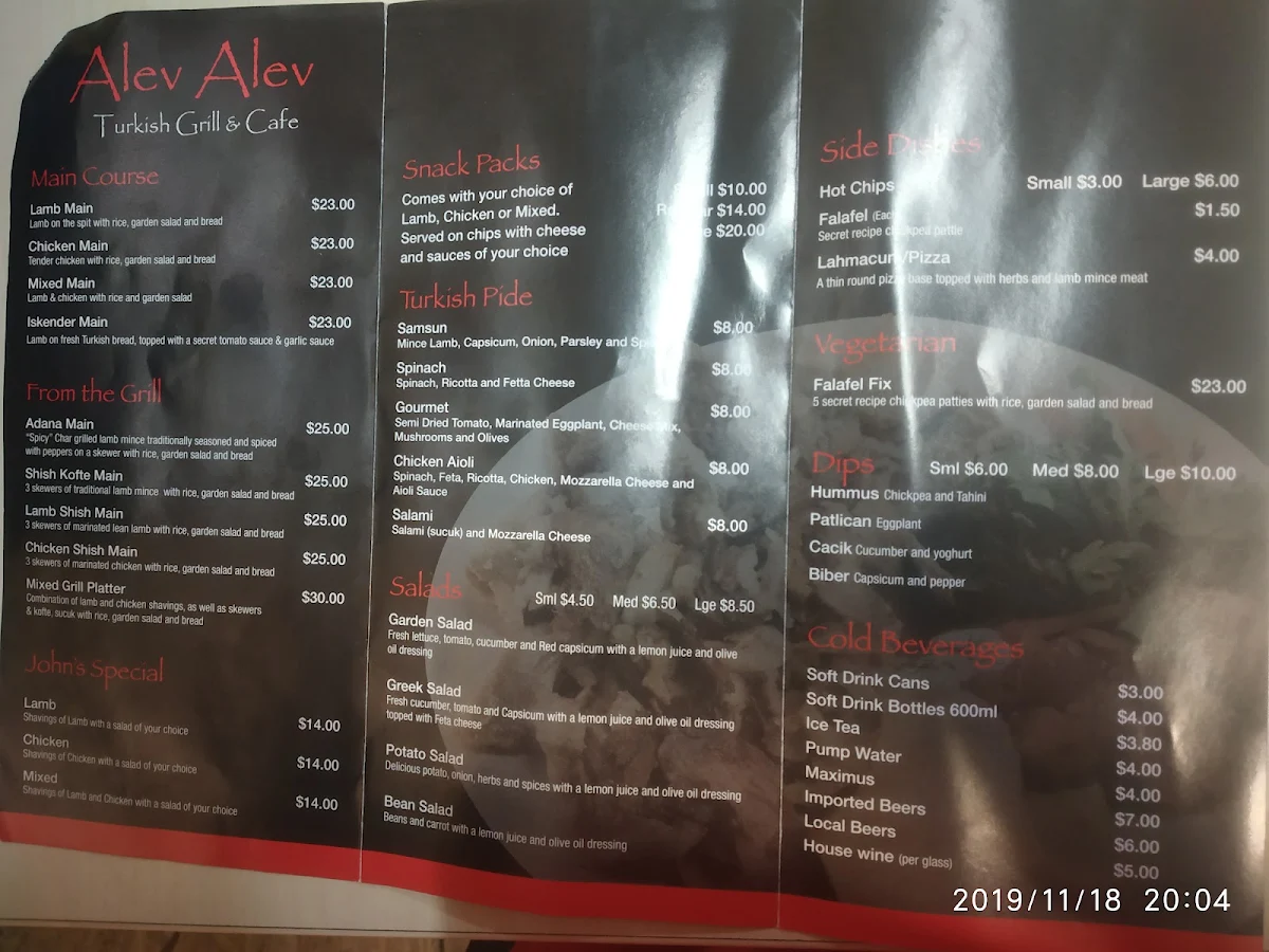 Menu, Alev Alev Turkish Kitchen