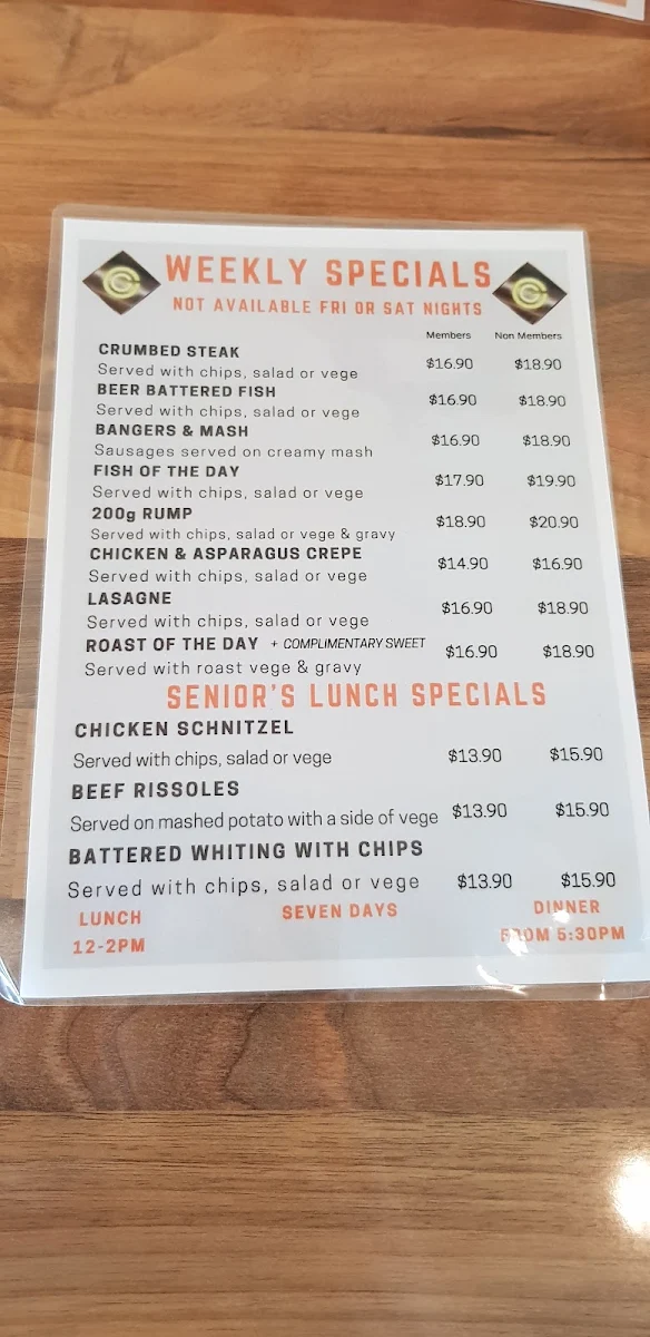Menu, Club Glenvale