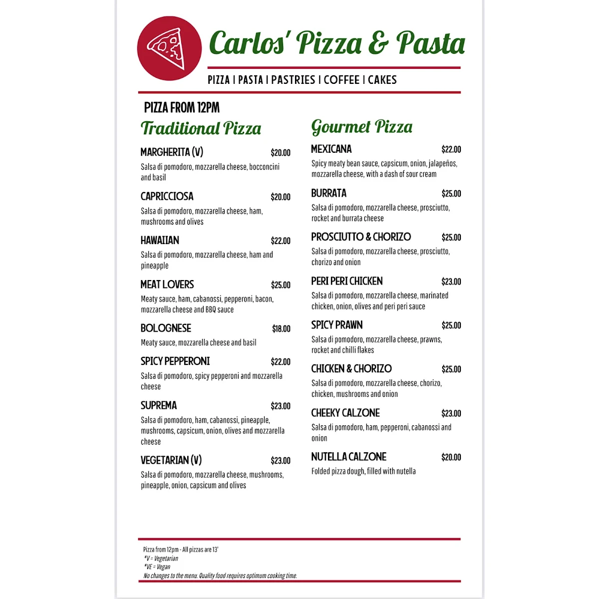 Menu, Carlos’ Pizza and Pasta Dapto