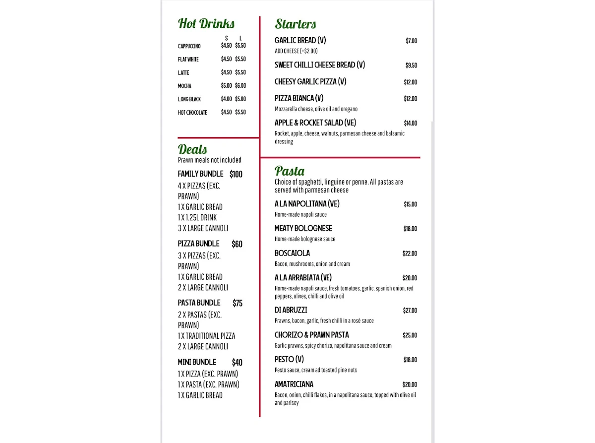 Menu, Carlos’ Pizza and Pasta Dapto