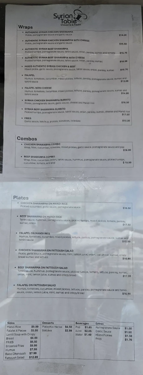 Menu, Syrian Table Shawarma and Falafel